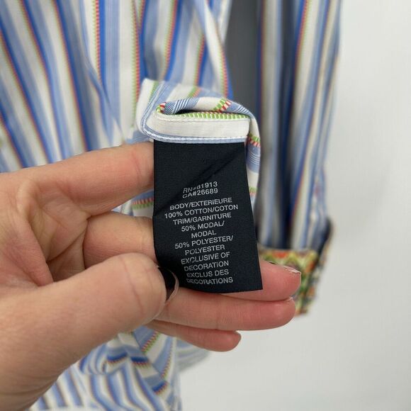 ROBERT GRAHAM Blue White Orange Stripe Embroidered Cuff Button Up Dress Shirt XL - Picture 9 of 9